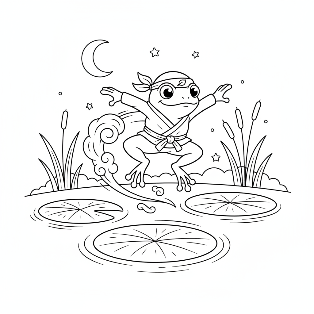 Frosch-Ninja-Training: Schleichübungen zwischen Seerosenblättern - Free Printable Coloring Page Frosch-Ninja-Training: Schleichübungen zwischen Seerosenblättern - Free Printable Coloring Page