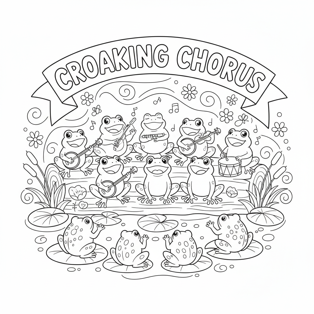 Kikkerorkest kwakend koor op boomstamp podium concert - Free Printable Coloring Page Kikkerorkest kwakend koor op boomstamp podium concert - Free Printable Coloring Page