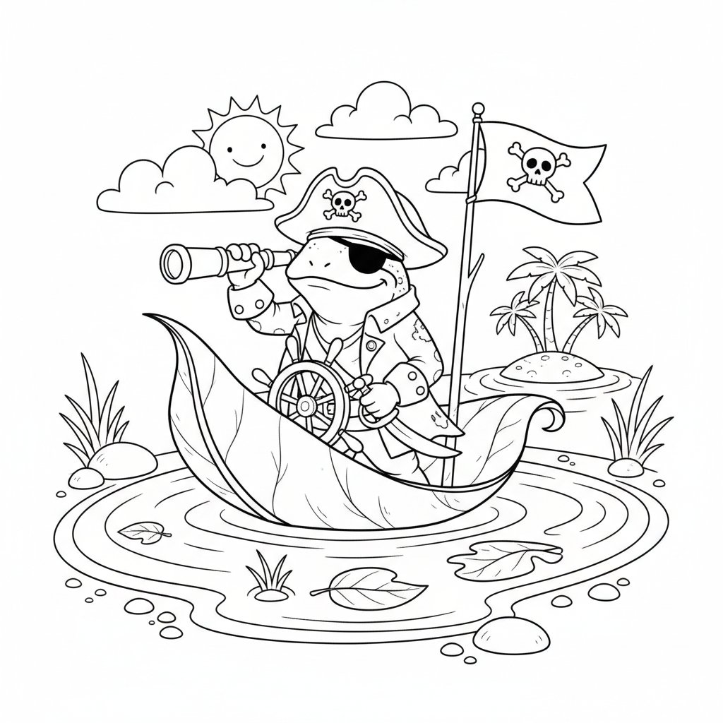 Frosch-Piratenkapitän segelt Blattboot Pfütze Ozean - Free Printable Coloring Page Frosch-Piratenkapitän segelt Blattboot Pfütze Ozean - Free Printable Coloring Page