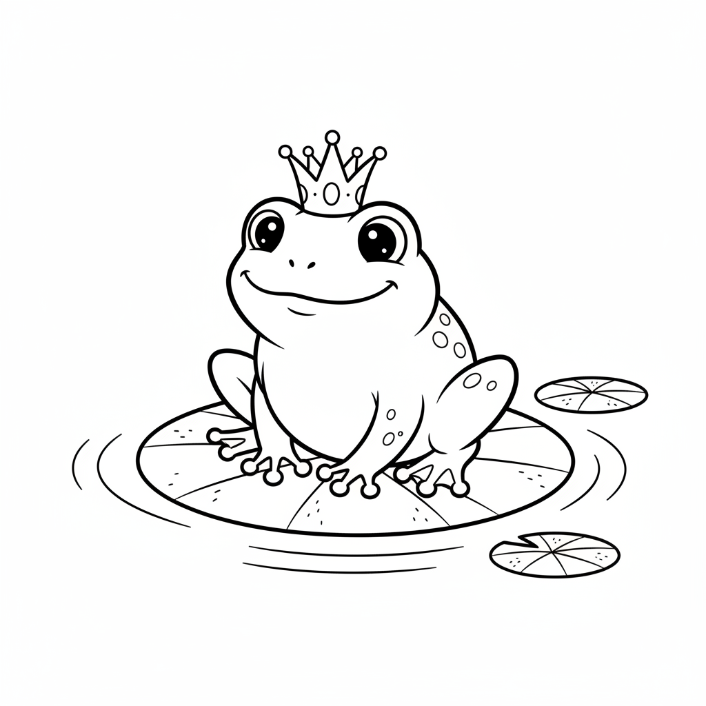 Kikkerprins met klein kroontje zittend op een waterlelieblad - Free Printable Coloring Page Kikkerprins met klein kroontje zittend op een waterlelieblad - Free Printable Coloring Page