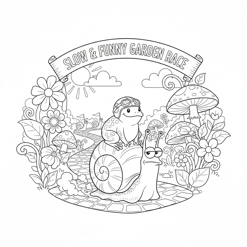 Kikker rijdt op slak door de tuin, race langzaam maar zeker grappig - Free Printable Coloring Page Kikker rijdt op slak door de tuin, race langzaam maar zeker grappig - Free Printable Coloring Page