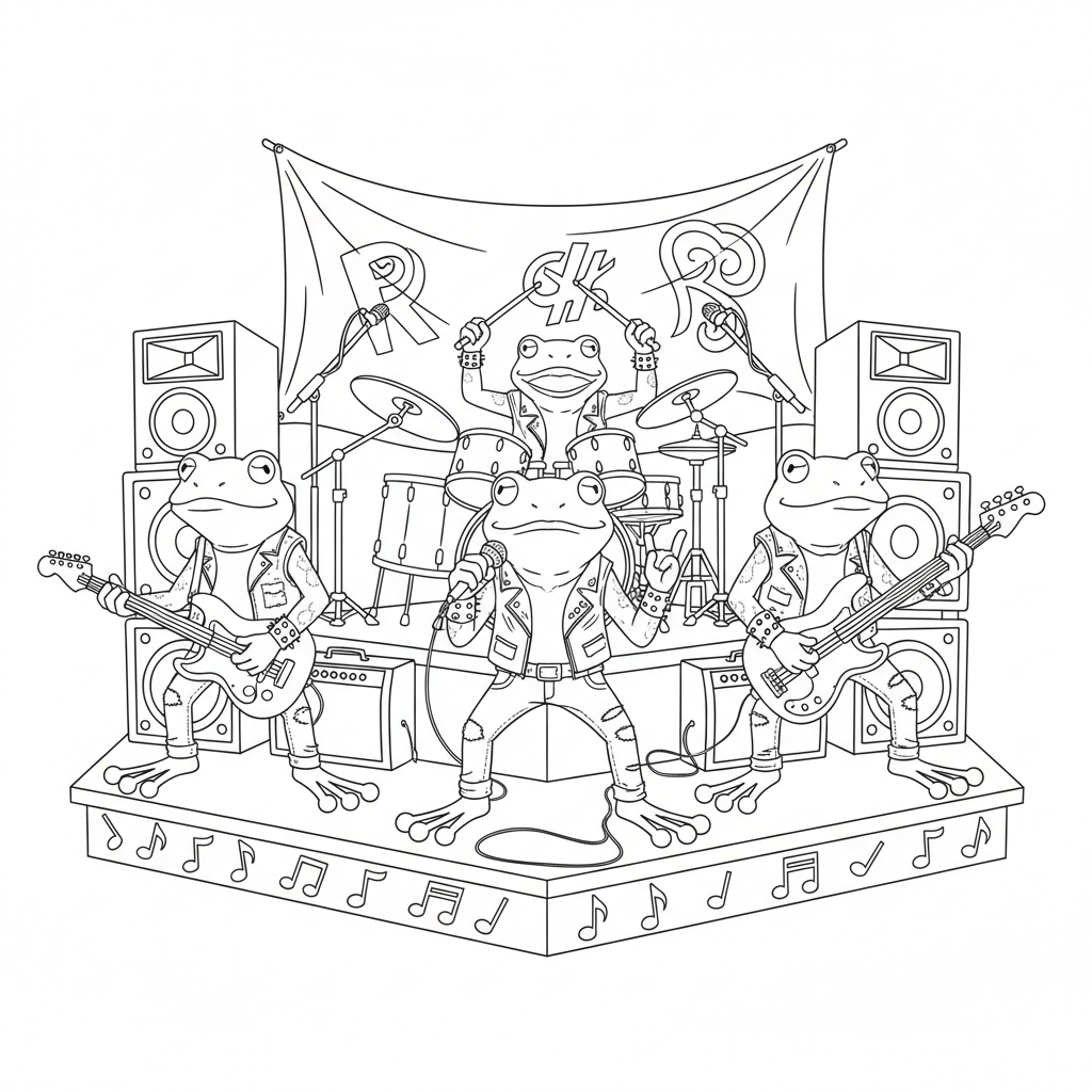 Frog Rock Band Performing - Free Printable Coloring Page