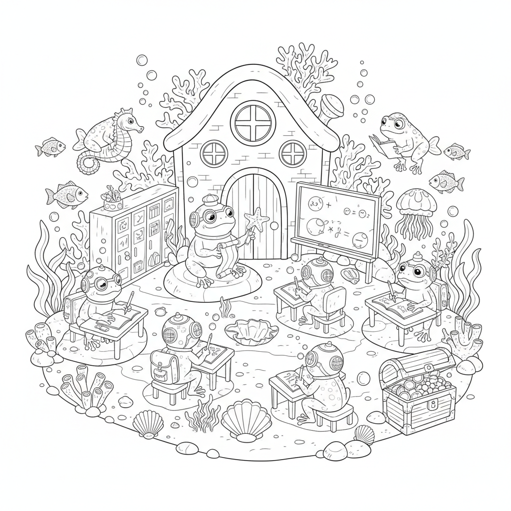 Frog School Underwater - Free Printable Coloring Page Frog School Underwater - Free Printable Coloring Page