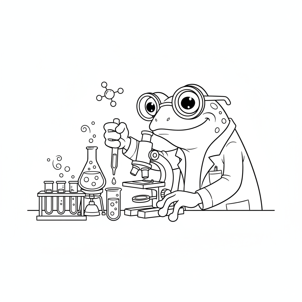 Froschforscher schaut durch ein Mikroskop – Laborexperiment - Kostenloses druckbares Ausmalbild