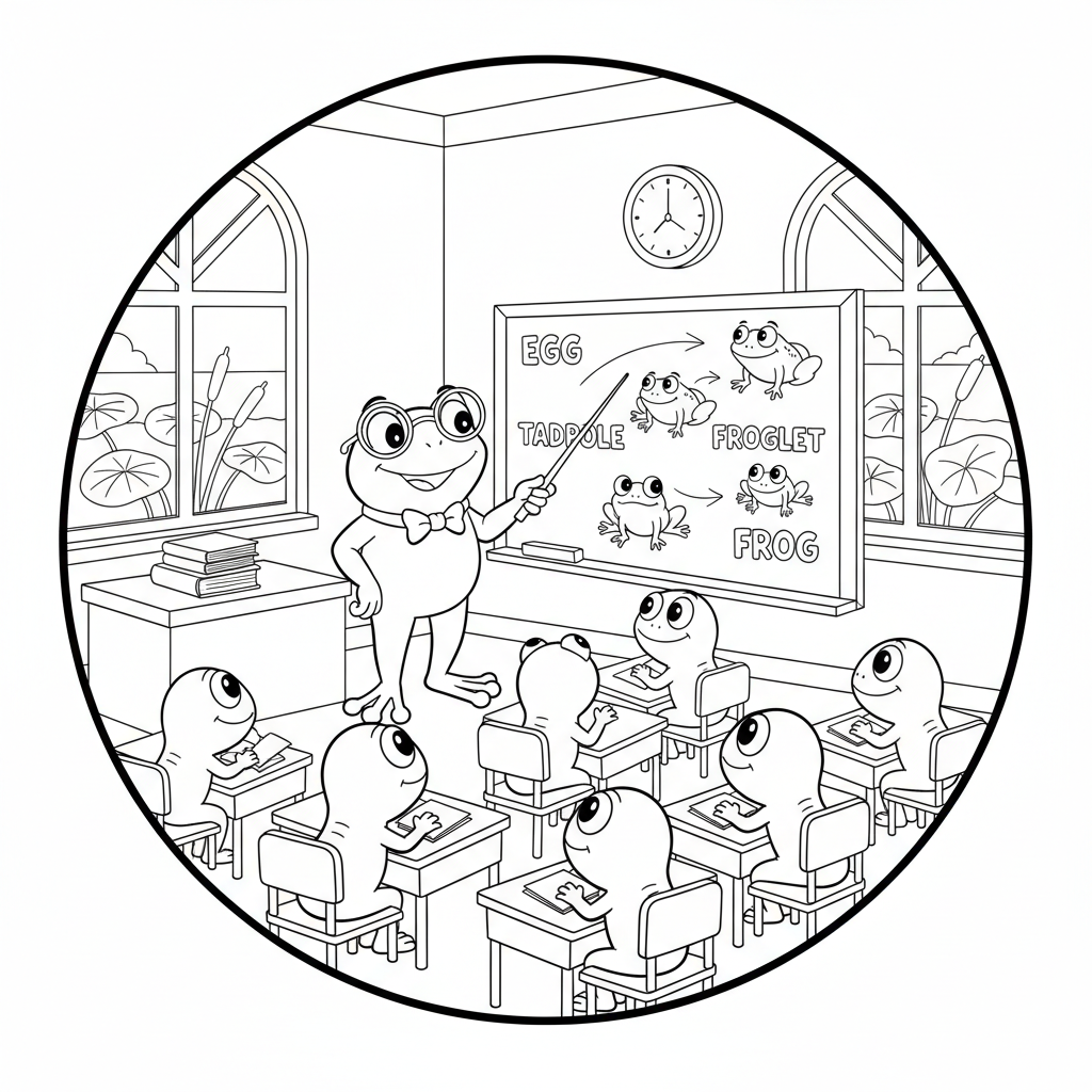 Froschlehrer im Kaulquappen-Klassenzimmer an der Tafel - Kostenloses druckbares Ausmalbild