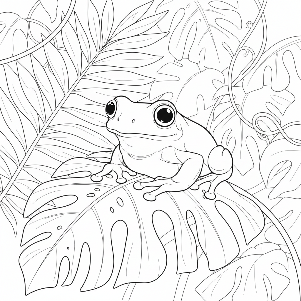 Tree Frog On Tropical Leaf Coloring Page - Free Printable