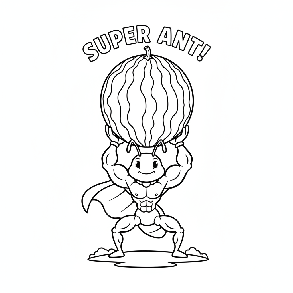 Ant lifting a whole watermelon incredibly strong tiny hero - Free Printable Coloring Page