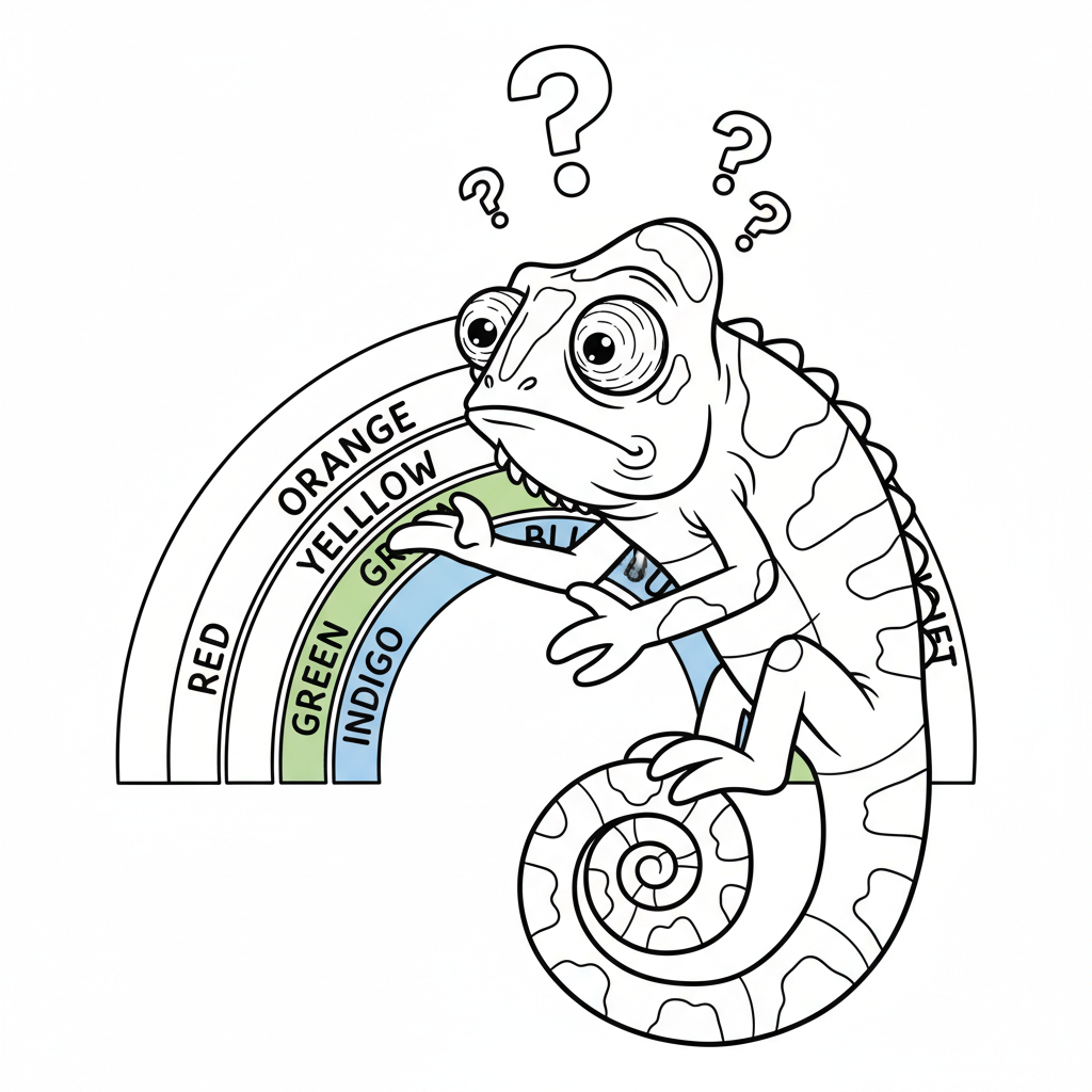 Chameleon confused by rainbow cannot decide what color - Free Printable Coloring Page Chameleon confused by rainbow cannot decide what color - Free Printable Coloring Page
