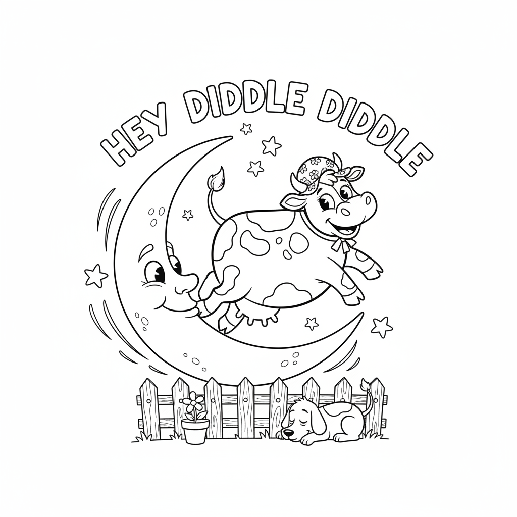 Cow jumping over the moon nursery rhyme scene silly - Free Printable Coloring Page Cow jumping over the moon nursery rhyme scene silly - Free Printable Coloring Page