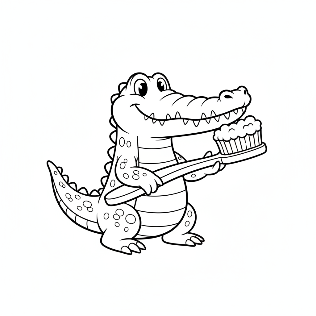 Crocodile brushing all of its many teeth with brush - Free Printable Coloring Page Crocodile brushing all of its many teeth with brush - Free Printable Coloring Page