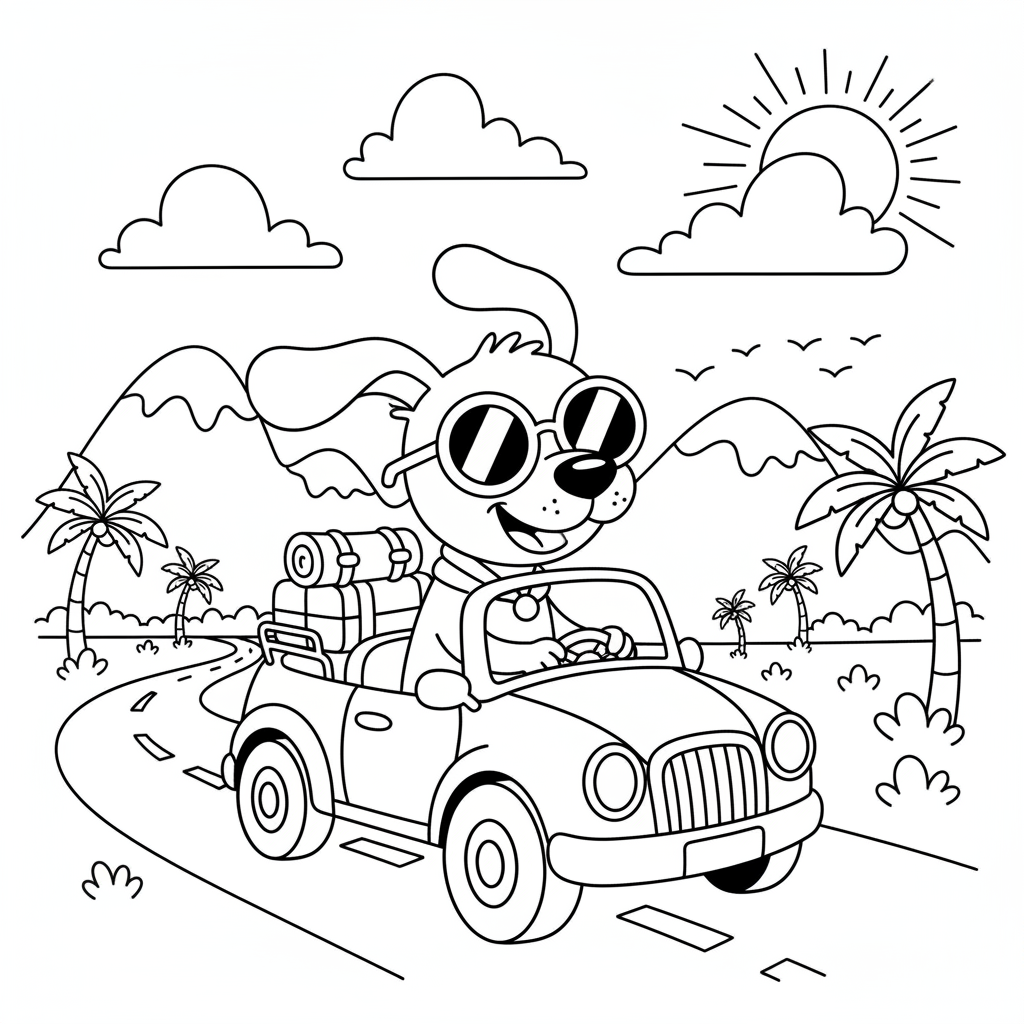 Hond die in een klein autootje rijdt met een zonnebril op tijdens een roadtrip. - Gratis afdrukbare kleurplaat Hond die in een klein autootje rijdt met een zonnebril op tijdens een roadtrip. - Gratis afdrukbare kleurplaat