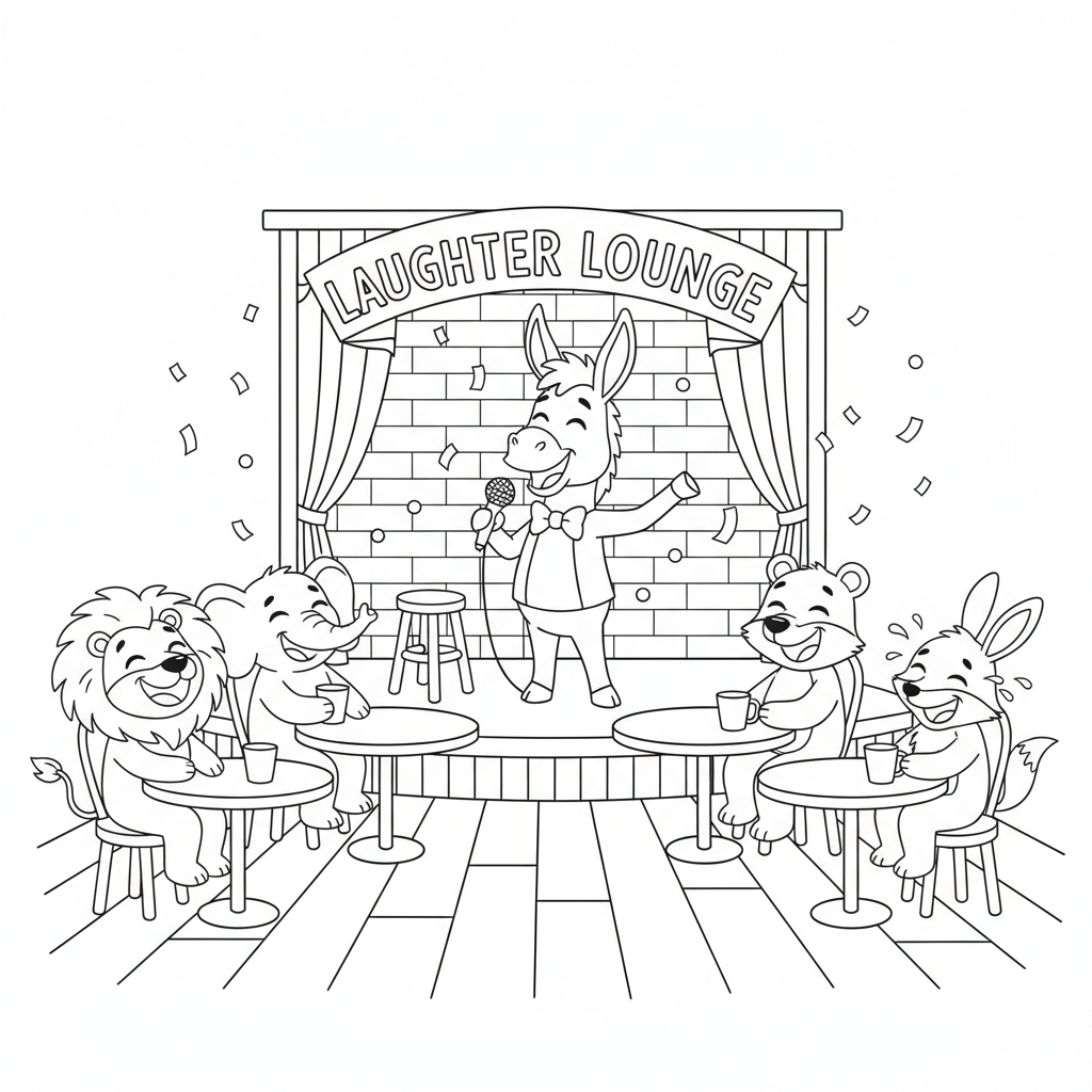Donkey telling jokes to other animals comedy stage - Free Printable Coloring Page