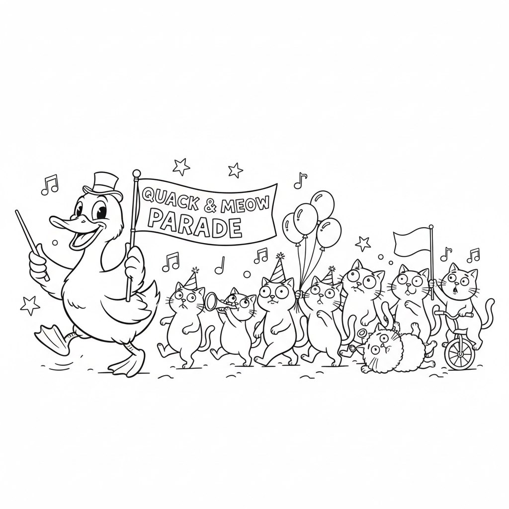 Duck leading a parade of confused cats silly march - Free Printable Coloring Page