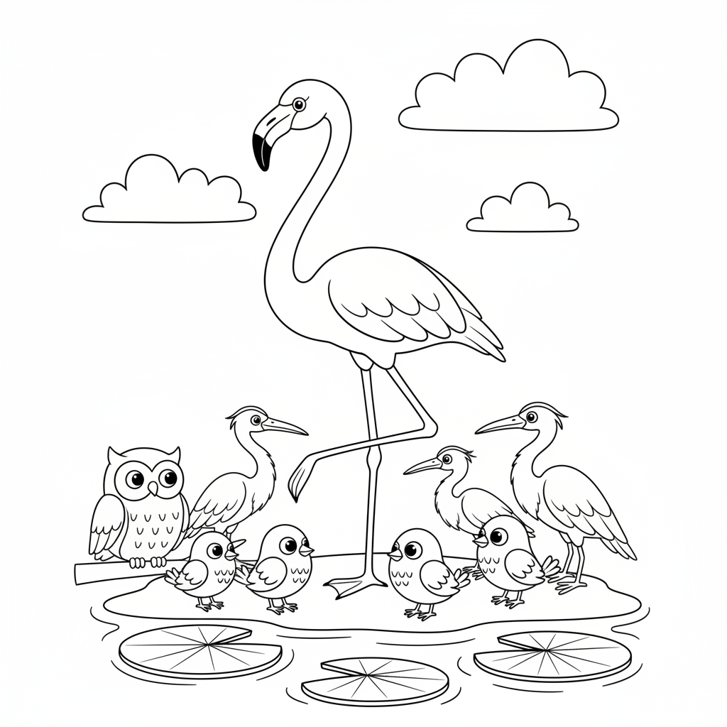Een flamingo staat op één poot terwijl andere vogels toekijken. - Gratis afdrukbare kleurplaat