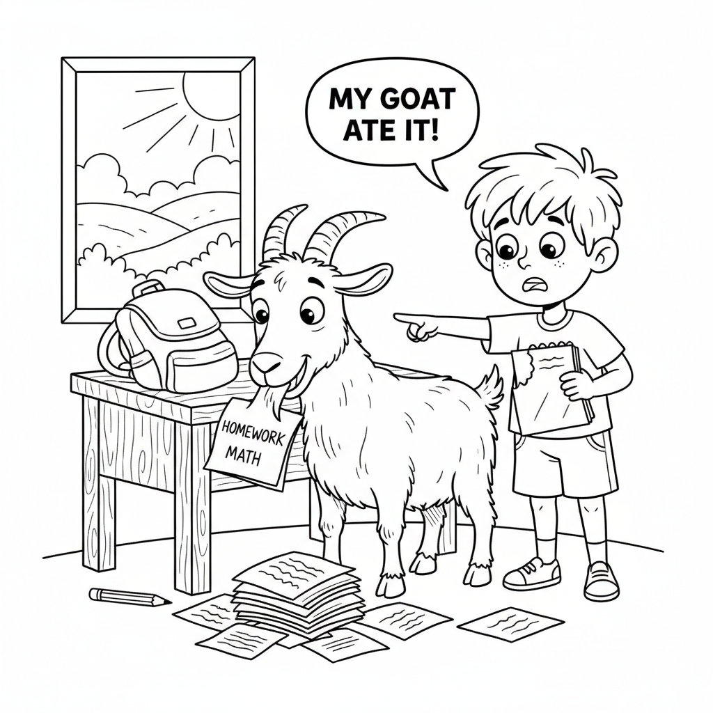 Goat eating homework classic excuse illustration scene - Free Printable Coloring Page