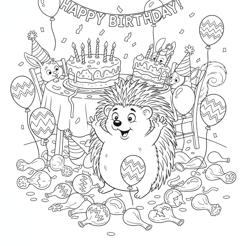 Igelkotten smäller alla ballonger på födelsedagskalaset hoppsan - Gratis utskrivbar målarbild