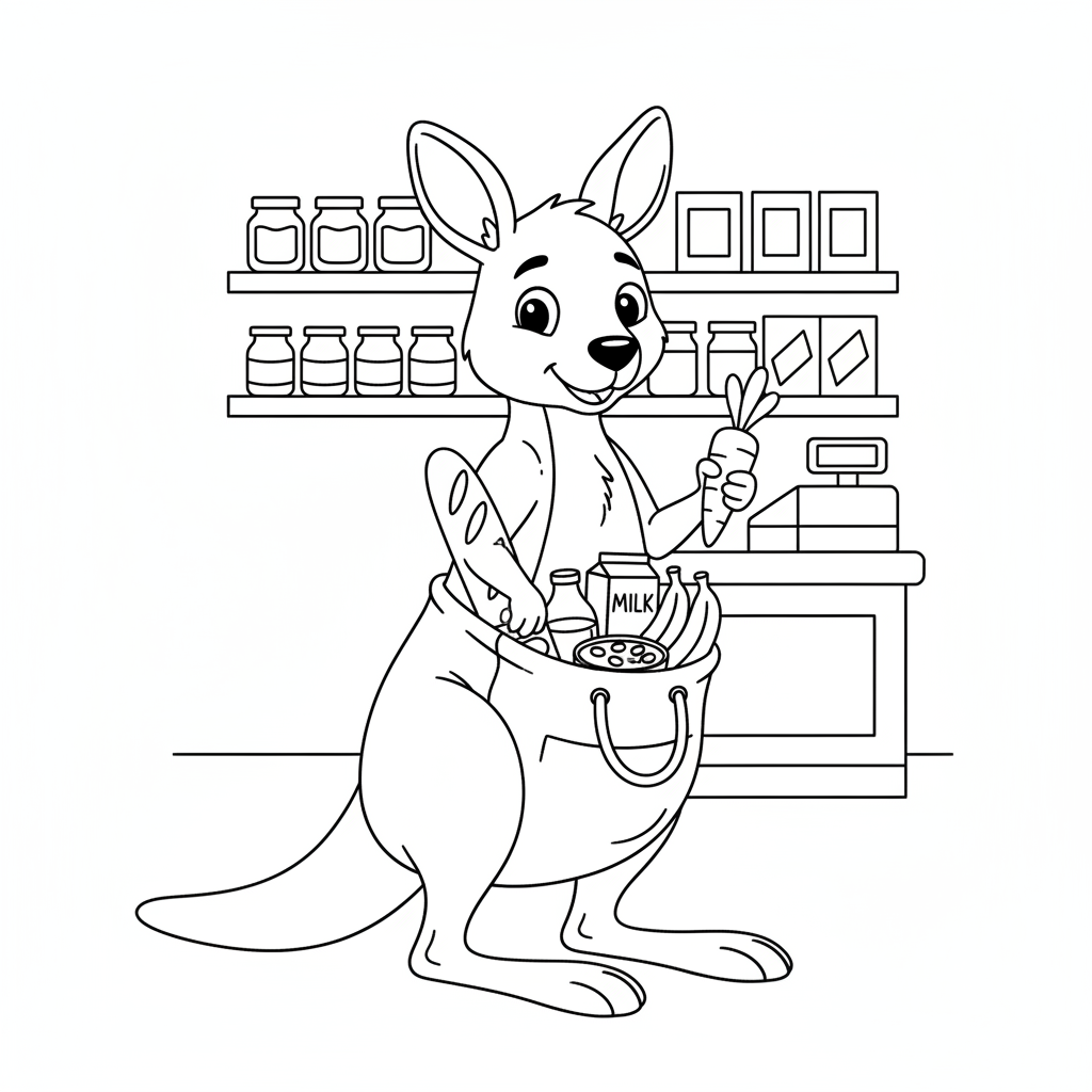 Kangaroo using pouch as a shopping bag at grocery - Free Printable Coloring Page