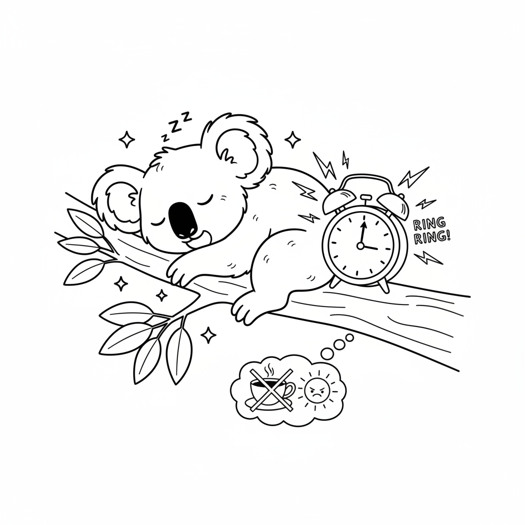 Koala durmiendo a pesar del despertador, negándose a despertarse. - Página para colorear gratis