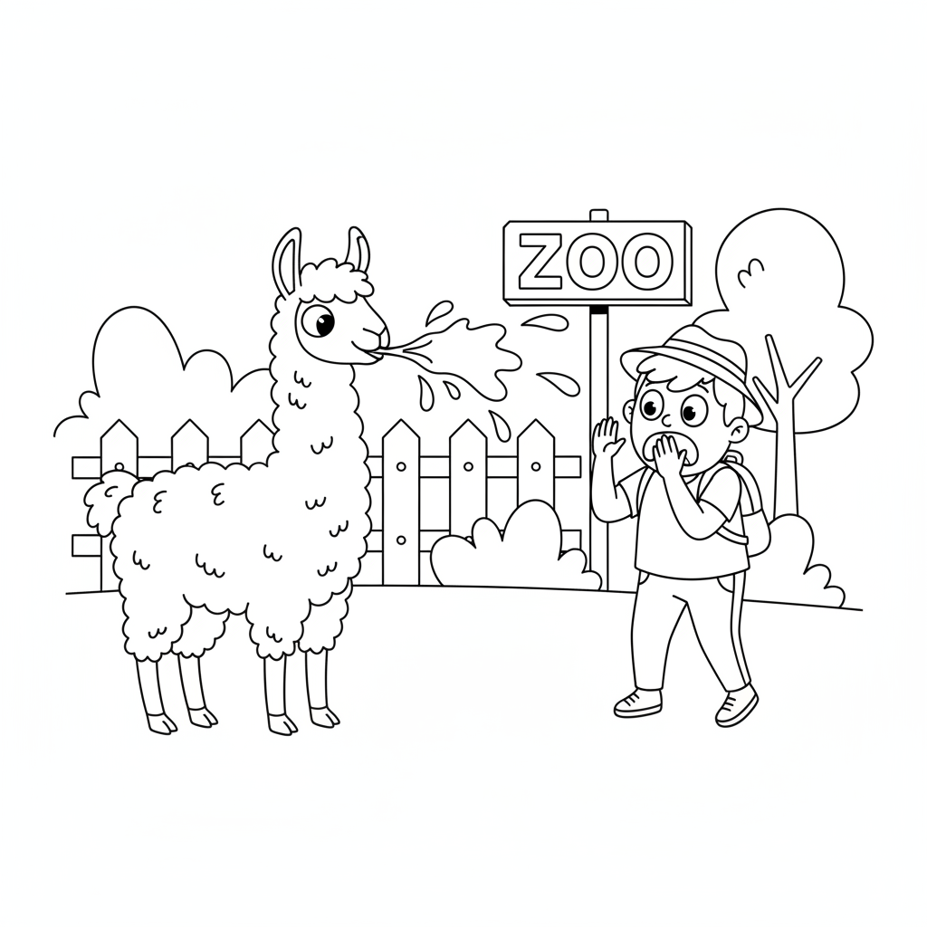 Llama spitting at surprised person at the zoo visit - Free Printable Coloring Page Llama spitting at surprised person at the zoo visit - Free Printable Coloring Page