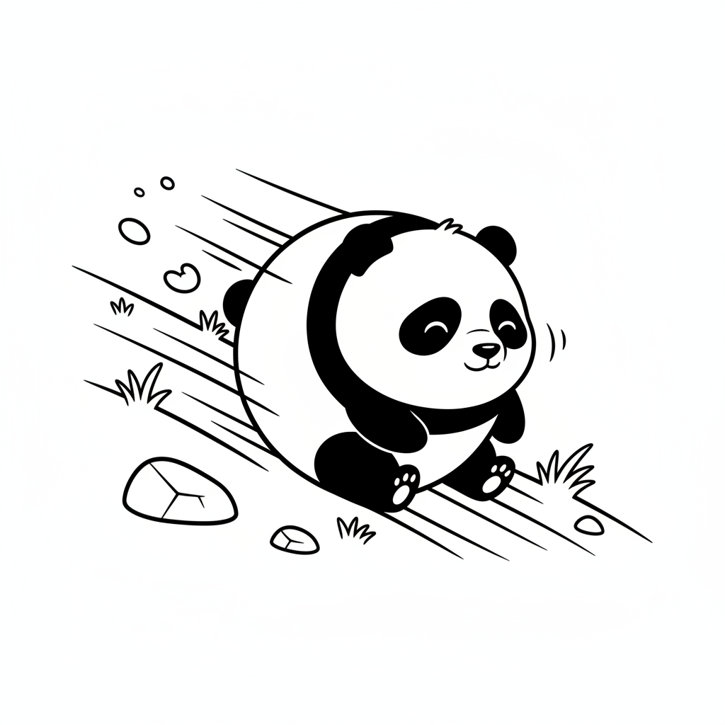 Panda rodando cuesta abajo como una pelota, ¡qué divertido! - Página para colorear gratis