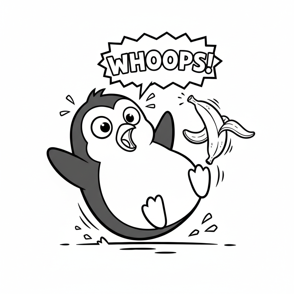 Fumetto con espressione sorpresa del pinguino che scivola sulla buccia di banana - Disegno da colorare gratuito Fumetto con espressione sorpresa del pinguino che scivola sulla buccia di banana - Disegno da colorare gratuito