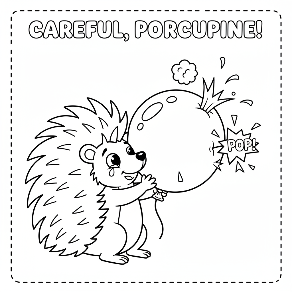Porcupine trying to hug a balloon pop danger scene - Free Printable Coloring Page Porcupine trying to hug a balloon pop danger scene - Free Printable Coloring Page