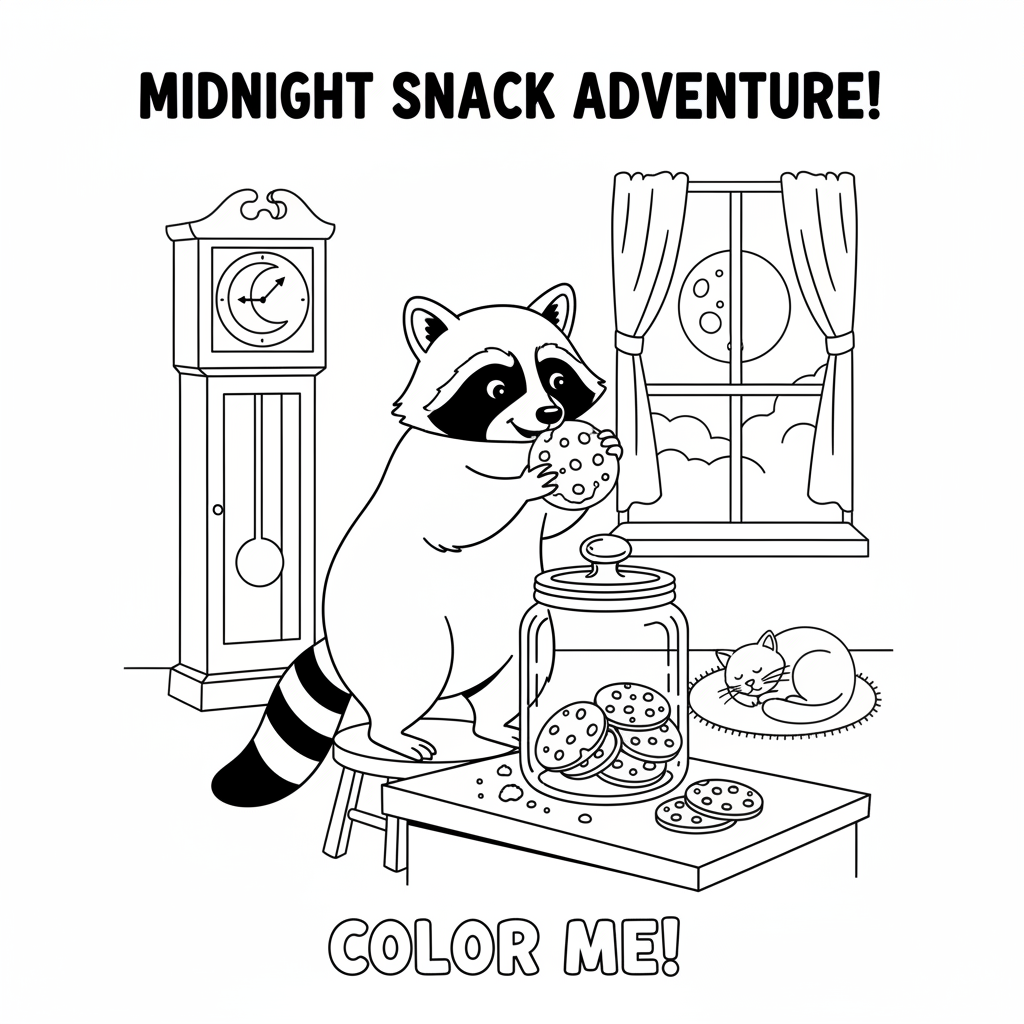 Raccoon caught stealing cookies from jar midnight snack - Free Printable Coloring Page