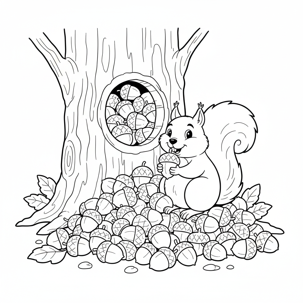 Ekorre hamstrar ekollon som svämmar över från trädhål för många - Gratis utskrivbar målarbild Ekorre hamstrar ekollon som svämmar över från trädhål för många - Gratis utskrivbar målarbild