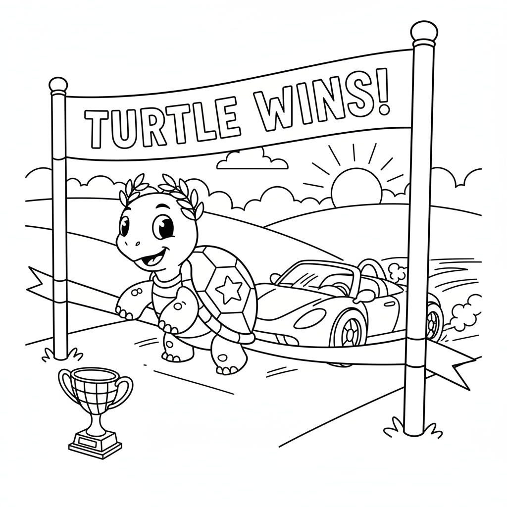 Turtle winning a race against a sports car speed - Free Printable Coloring Page Turtle winning a race against a sports car speed - Free Printable Coloring Page