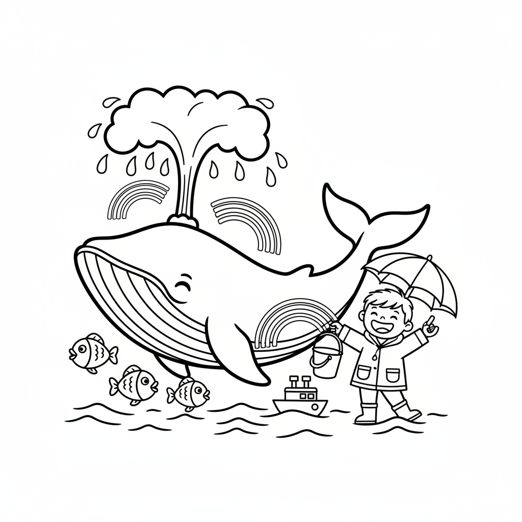 Whale spouting water and accidentally creating a shower - Free Printable Coloring Page