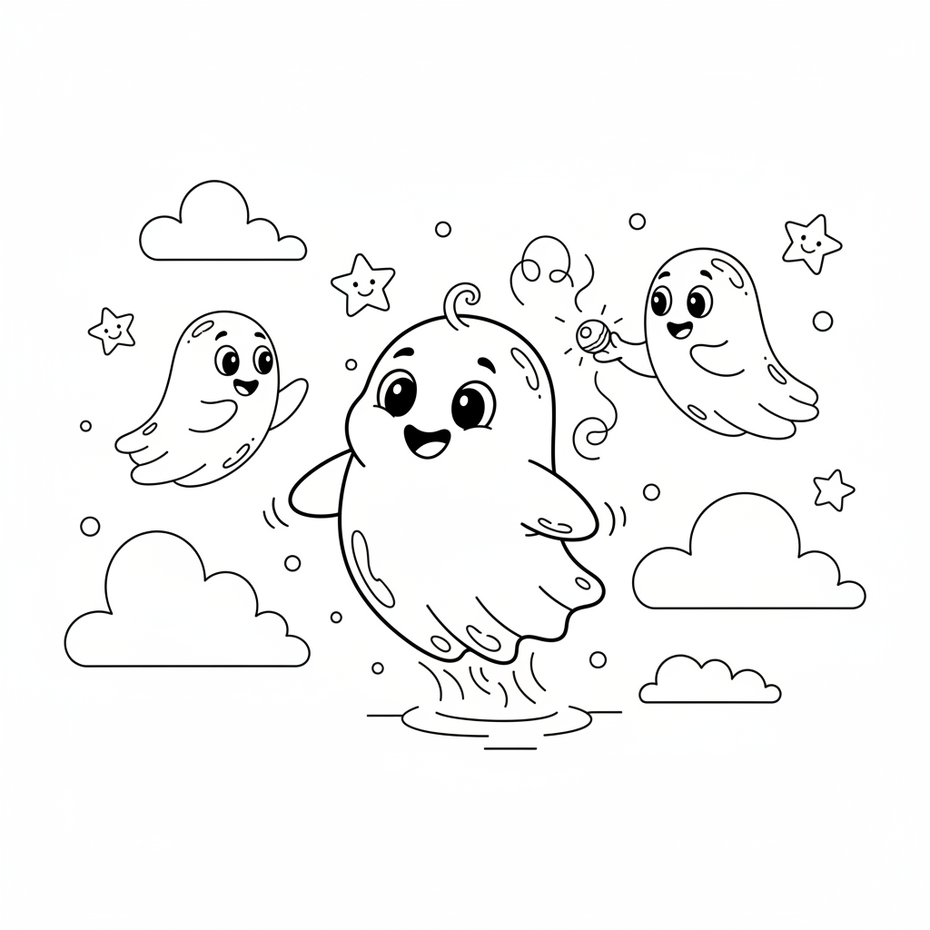 Bébé fantôme mignon qui apprend à flotter - Coloriage gratuit à imprimer
