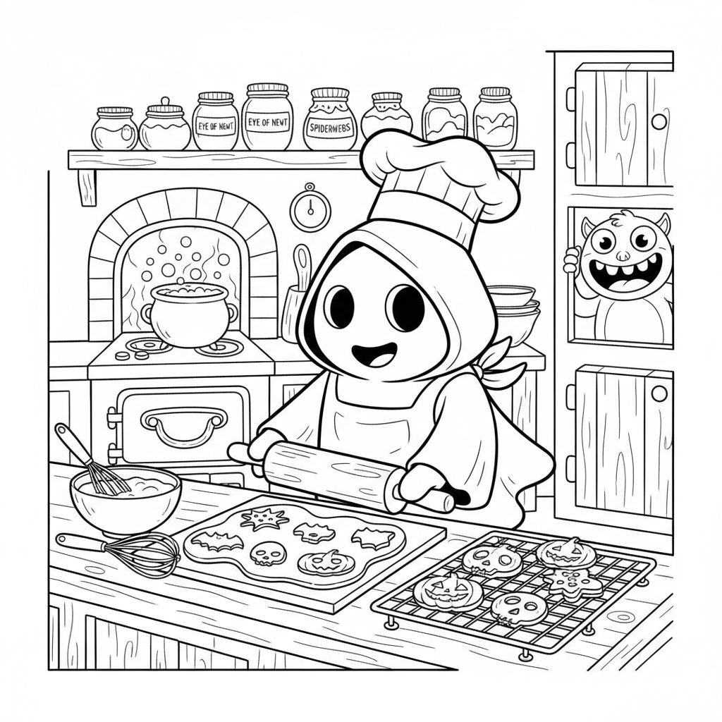 Ghost baking spooky cookies kitchen treats - Free Printable Coloring Page Ghost baking spooky cookies kitchen treats - Free Printable Coloring Page