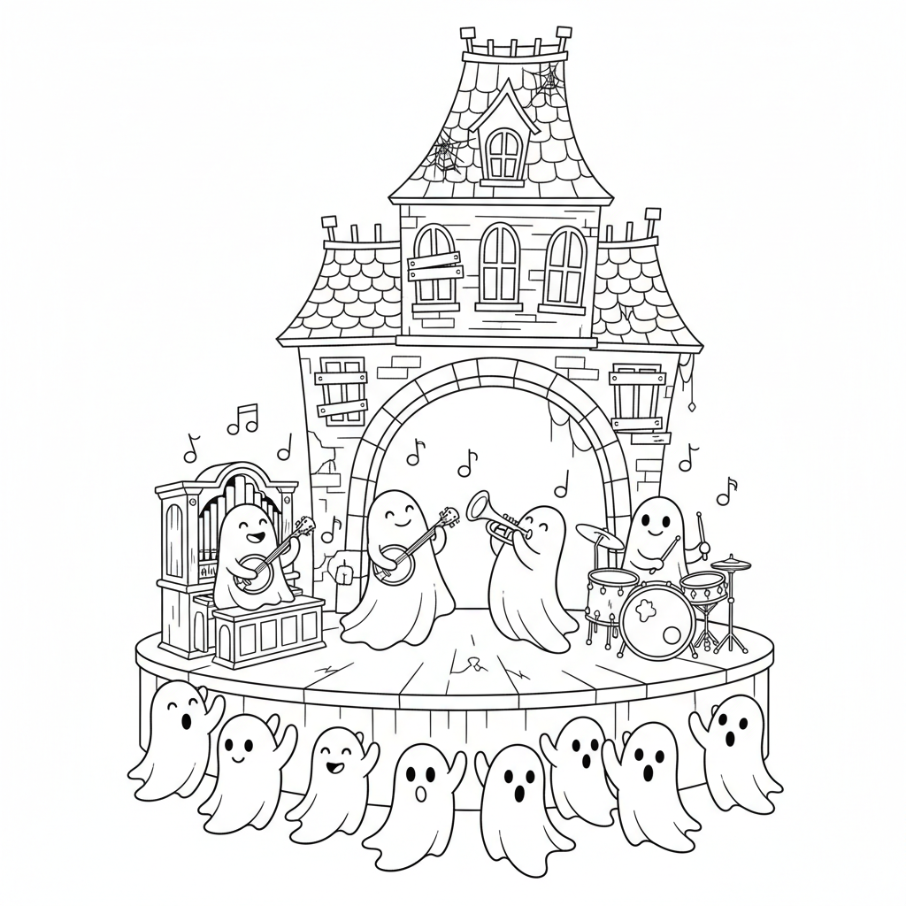 Ghost band playing instruments haunted house concert - Free Printable Coloring Page