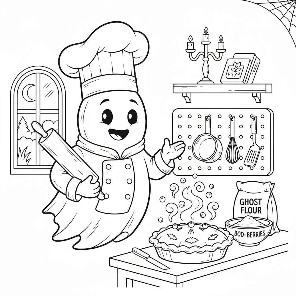 Chef fantasma haciendo tarta de arándanos - Página para colorear gratis Chef fantasma haciendo tarta de arándanos - Página para colorear gratis