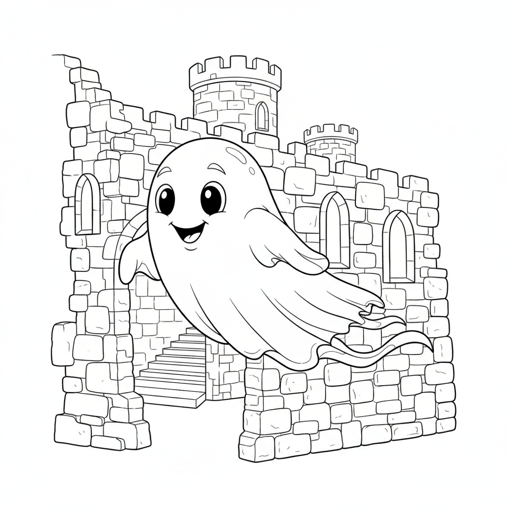 Ghost floating through castle walls - Free Printable Coloring Page Ghost floating through castle walls - Free Printable Coloring Page