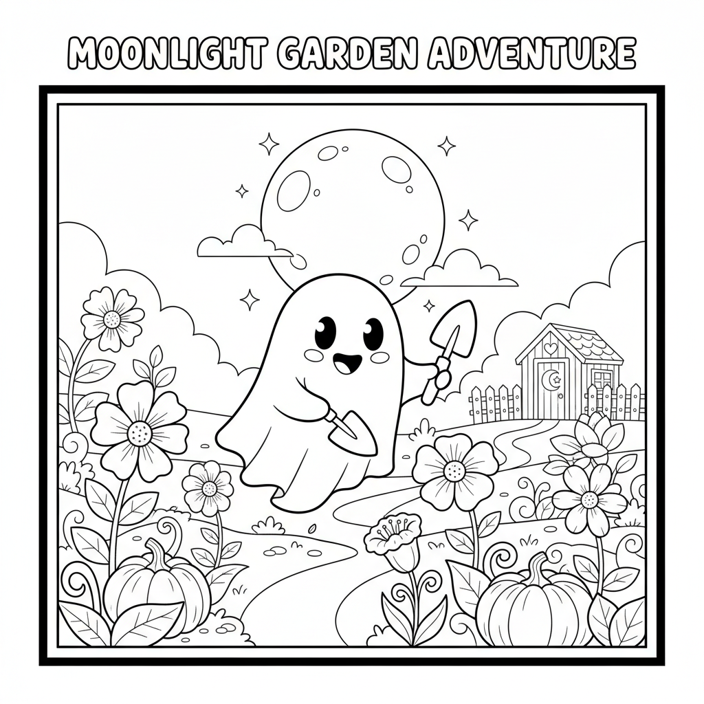 Ghost gardening moonlight garden night - Free Printable Coloring Page