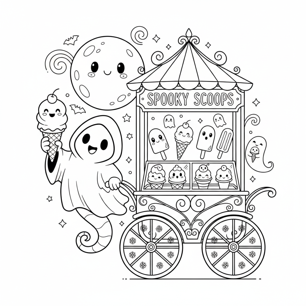 Ghost ice cream vendor floating cart selling treats - Free Printable Coloring Page