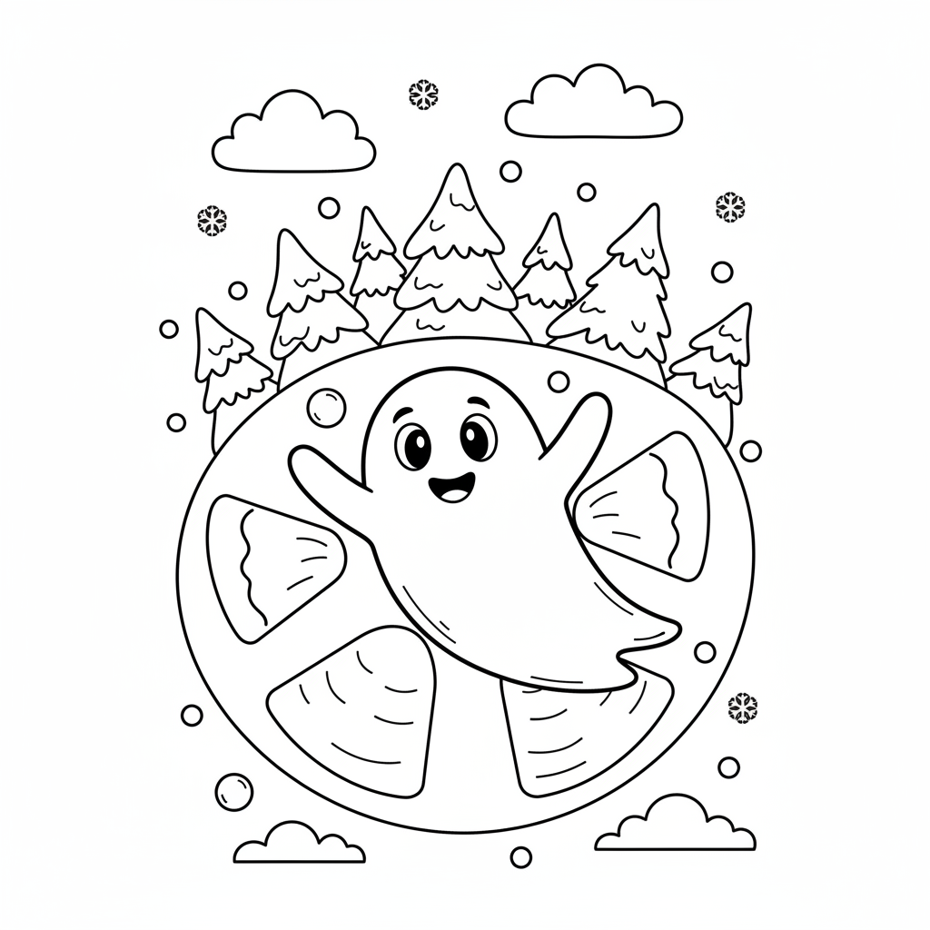 Ghost making snow angels winter fun - Free Printable Coloring Page
