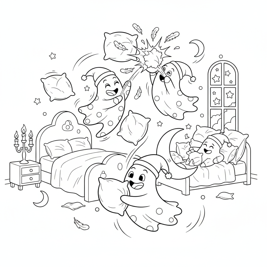 Ghost pajama party pillow fight slumber - Free Printable Coloring Page