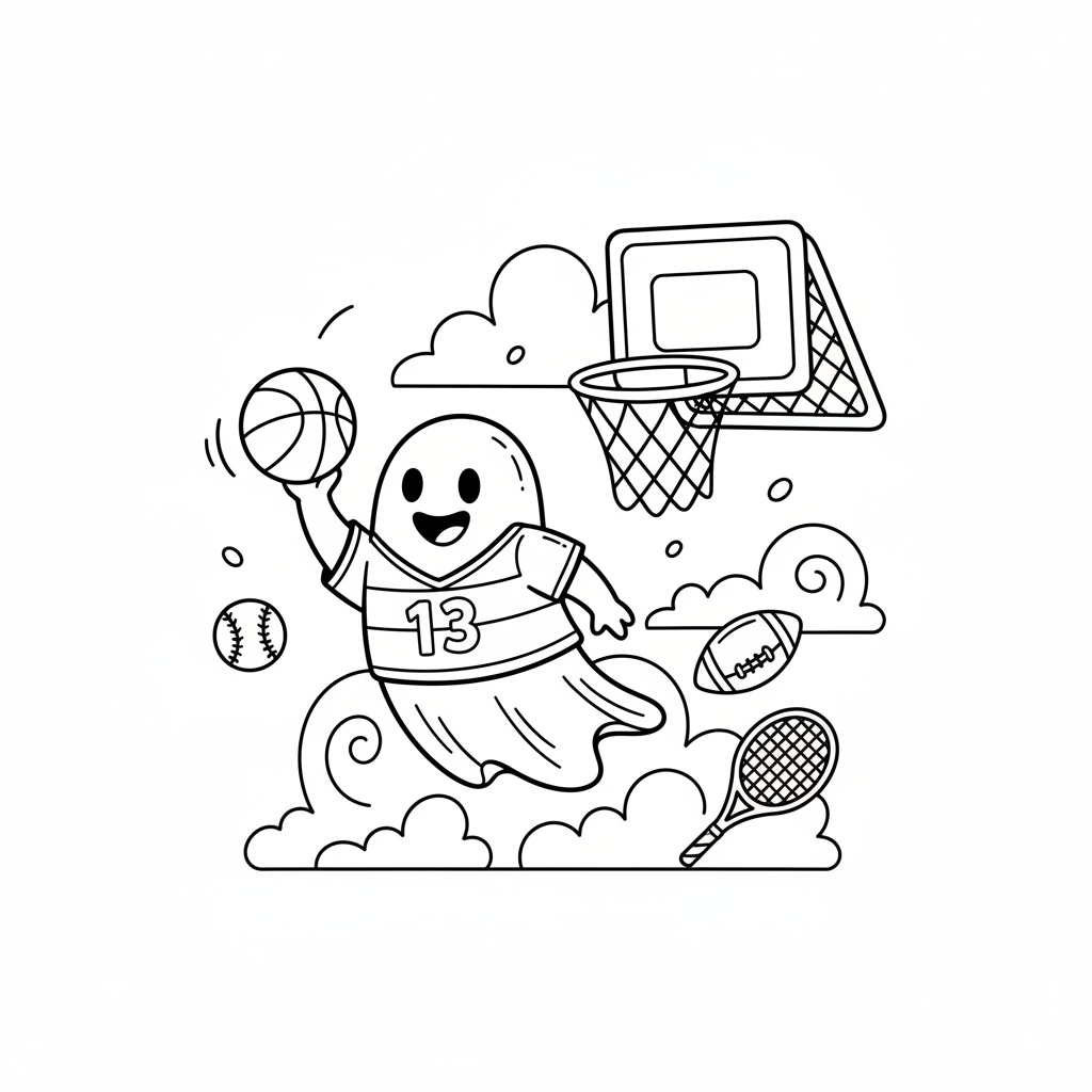 Ghost playing sports floating goal - Free Printable Coloring Page