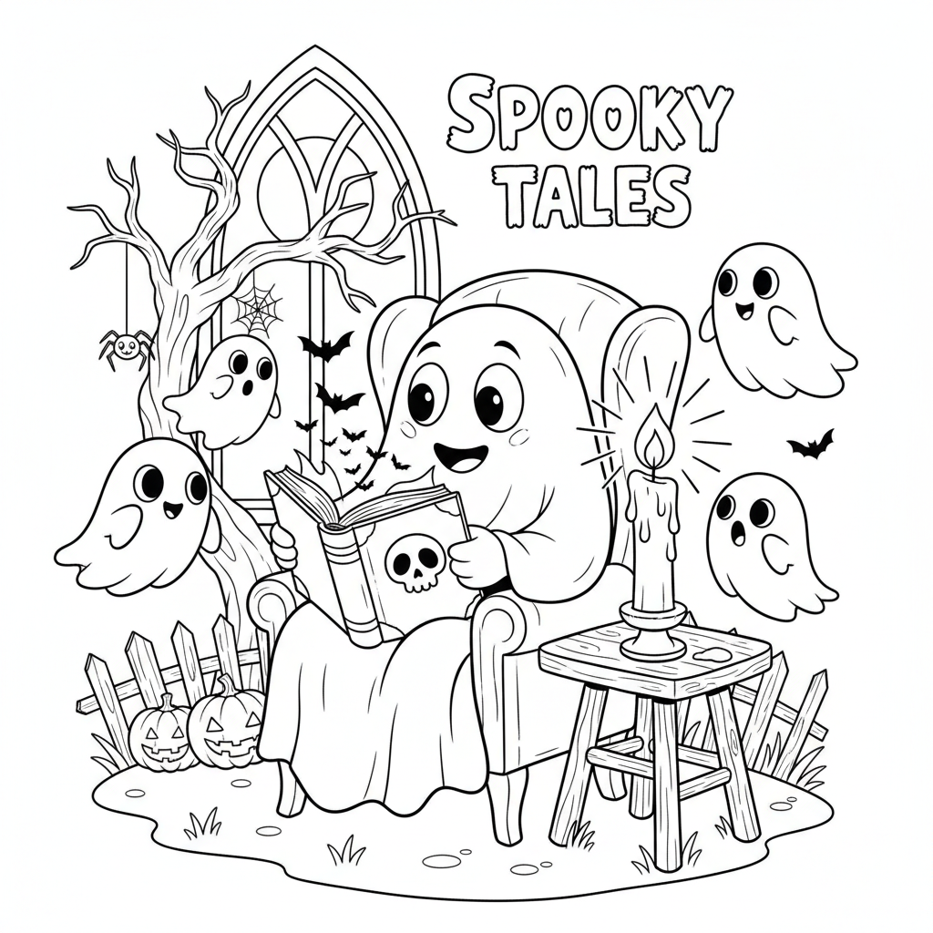 Ghost reading scary stories by candlelight spooky book - Free Printable Coloring Page