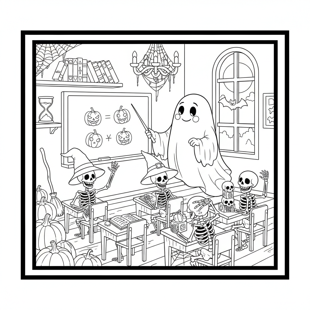 Ghost teacher in spooky classroom skeleton students - Free Printable Coloring Page