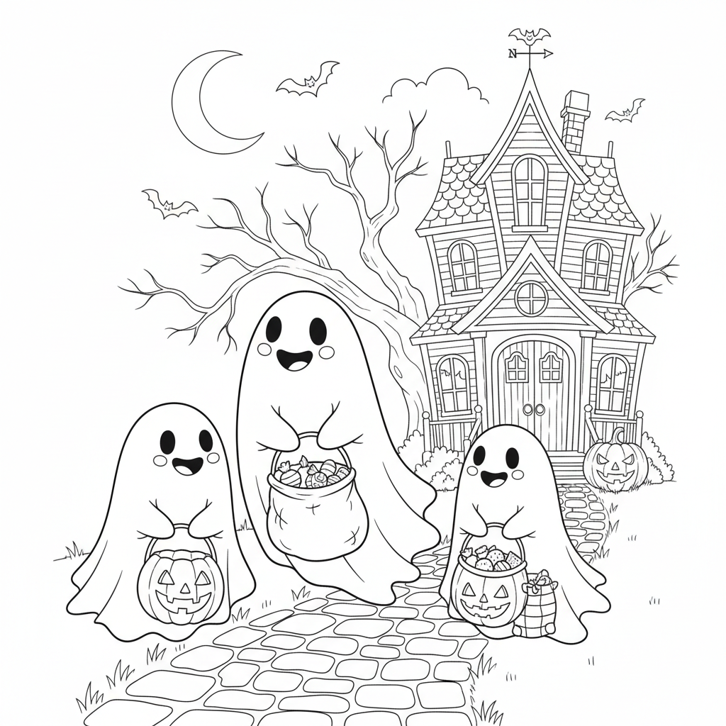 La chasse aux bonbons fantômes - Coloriage gratuit à imprimer
