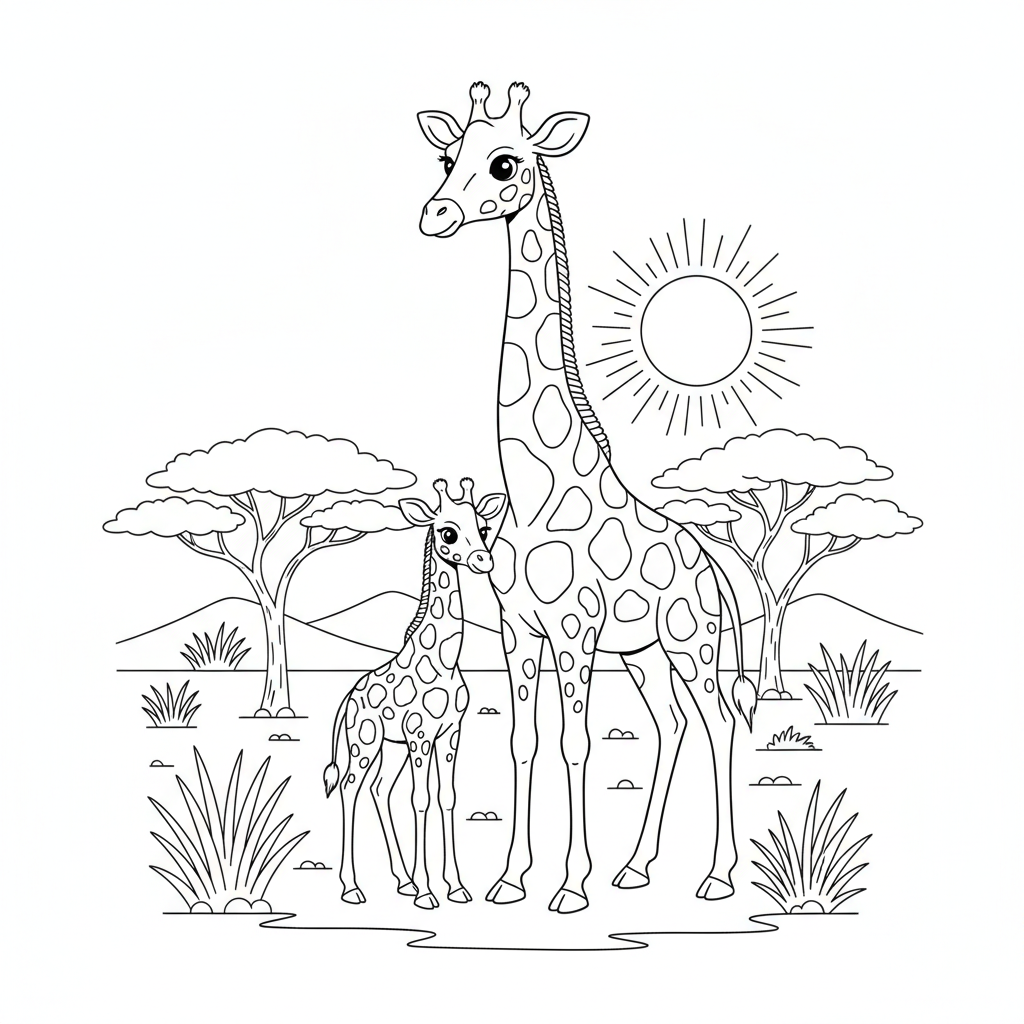 Baby giraffe standing next to mother in African grassland - Free Printable Coloring Page
