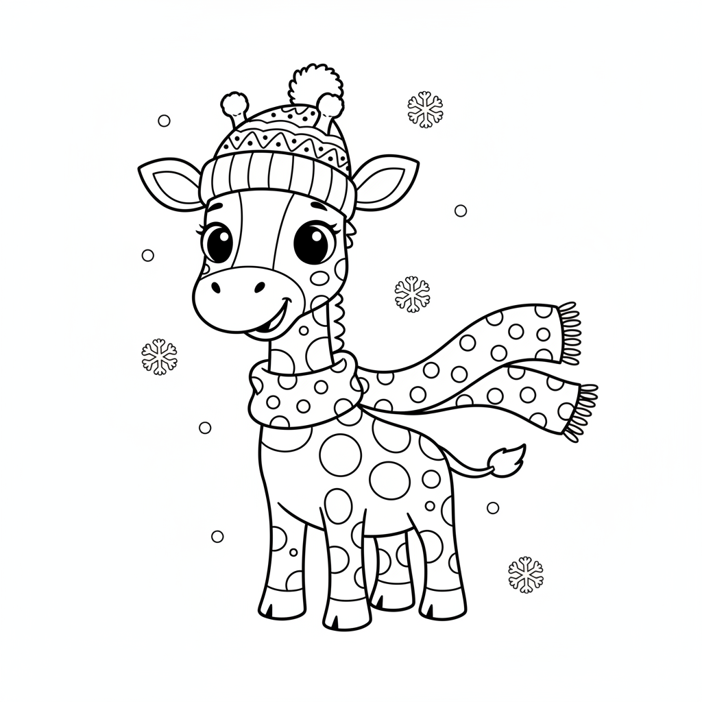 Giraffa dei cartoni animati che indossa un abito invernale con sciarpa e cappello - Disegno da colorare gratuito