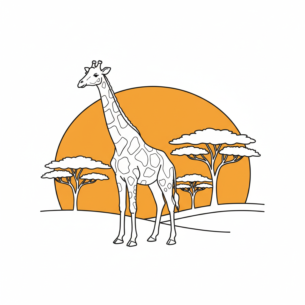 Giraffe at sunset silhouette against orange African sky - Free Printable Coloring Page
