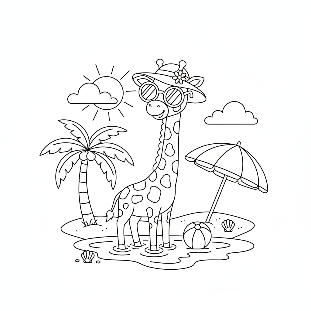 Giraffe at the beach wearing sunglasses and sun hat - Free Printable Coloring Page