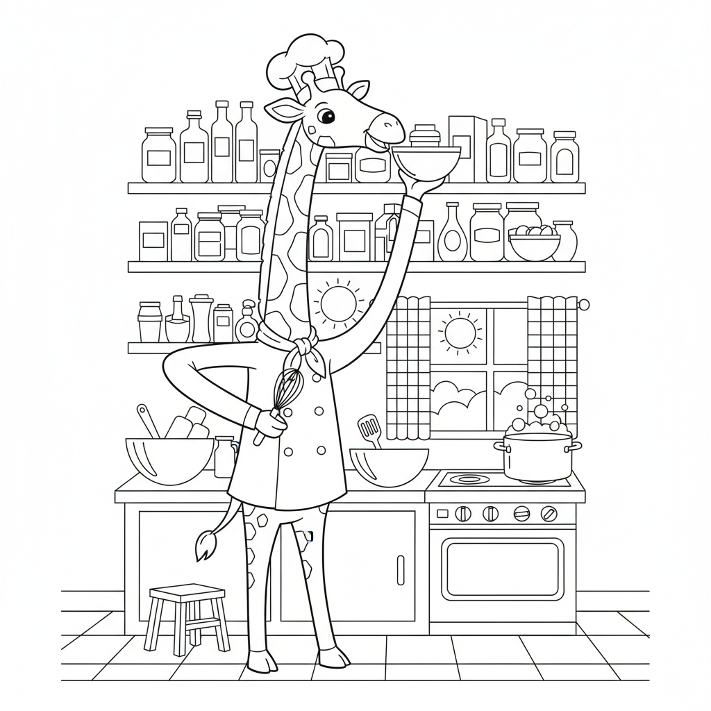 Giraffe chef in kitchen using height to reach top shelf - Free Printable Coloring Page