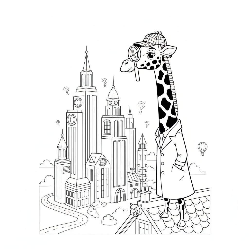 Giraffe detective looking over tall buildings for clues - Free Printable Coloring Page