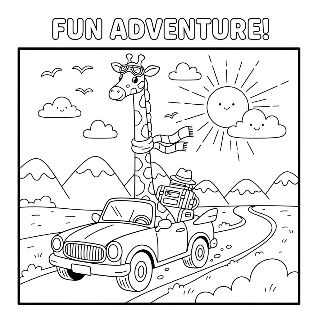 Giraffe driving a tall convertible car funny adventure - Free Printable Coloring Page